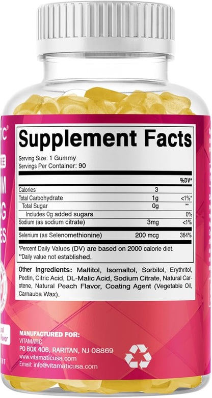 Vitamatic Yeast Free Selenium Gummies 200mcg as Selenomethionine Supplement Essential Trace Mineral with Superior Absorption 90 Pectin Based Gummies