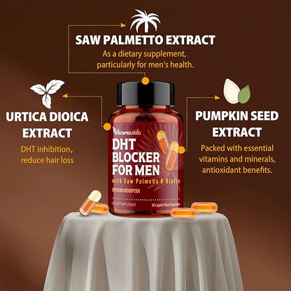 DHT Blocker for Men | Hair Growth Vitamins Supplement with Saw Palmetto & Biotin - Hair Regrowth - Natural Hair Loss Supplements Liquid-Filled - Proprietary Herbal Blends (90 Capsules)