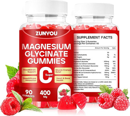 Magnesium Glycinate Gummies 400mg, Sugar Free Magnesium Gummies for Sleep, Muscle Support and Relaxation, Calm Magnesium Supplements for Women and Men, 90 Count