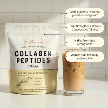 Live Conscious Collagen Peptides Powder - Vanilla Flavored Collagen - Hair, Skin, Nail, & Joint Support - Type I & III Grass-Fed Collagen Supplements for Women and Men - 30 Servings - 13oz (2-Pack)