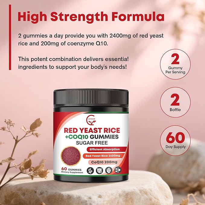 Red Yeast Rice with Coq10 Gummies, Red Yeast Rice 2400 mg with CoQ10 200 mg for Cholesterol Support, Heart Health Supplement, Sugar Free, Non-GMO, Vegan – 120 Counts