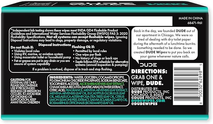 DUDE Wipes Mint Chill Pocket Packs - Travel Wipes - 6 Packs of 8 (48 Count) - On-The-Go Adult Flushable Wipes - Infused with Tea Tree Oil, Vitamin E, and Aloe - Septic and Sewer Safe