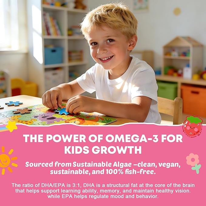 Kids Multivitamin Gummies with Omega-3 (Dha+Epa), Methylated B12 & Folate, B6, B2 & Elderberry, Vitamin D3, C, A, E, Zinc, Postbiotics, Choline | for Brain, Eye & Immune, Clean, Sugar Free, 60 Cts