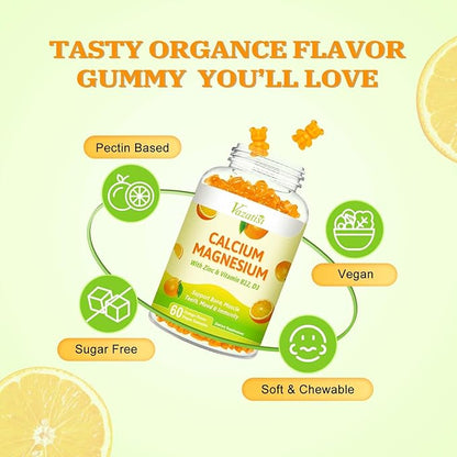Calcium Magnesium Zinc Gummies with Vitamin D3 and K2, High Absorption Magnesium Glycinate Potassium for Immune and Calm Mood, Vegan Orange Flavor 120 Gummies