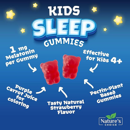 Nature's Choice Kids Sleep Gummies - 2mg Melatonin Per Serving - Children's Sleep Gummy, Non-Habit Forming, Works with Natural Sleep Cycle, Calm & Drug-Free, Tasty Natural Berry Flavor, 60 Gummies