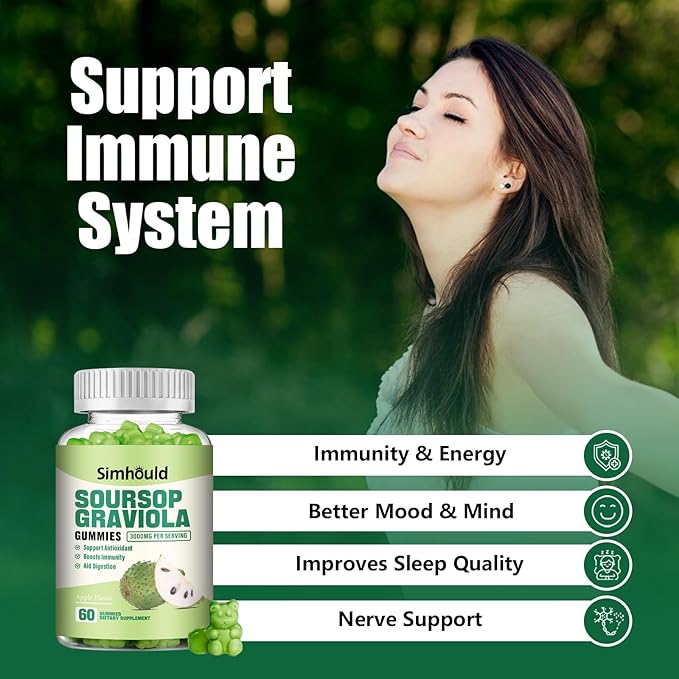Simhould 2 Pack Soursop Graviola Gummies - 3000mg Extra Strength Soursop Leaves Supplement with Vitamin C, Zinc - Digestive Aid, Immune Support & Antioxidant - Sugar-Free, Non-GMO, Vegan, 120 Counts