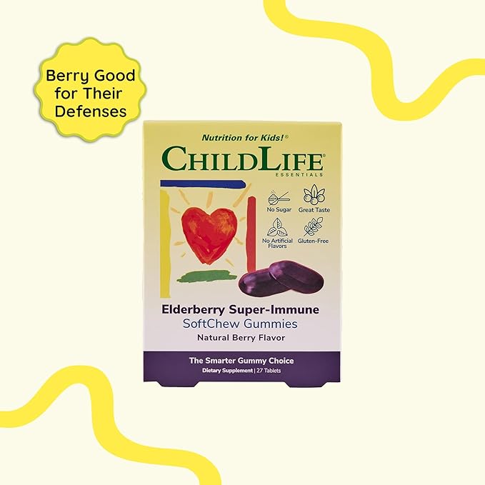CHILDLIFE ESSENTIALS Elderberry Super-Immune SoftChew Gummies for Kids - Immune Support with Vitamin C & Vitamin D3, Elderberry Immune Supplement for Babies, Toddlers & Children - Berry, 27 Softchews