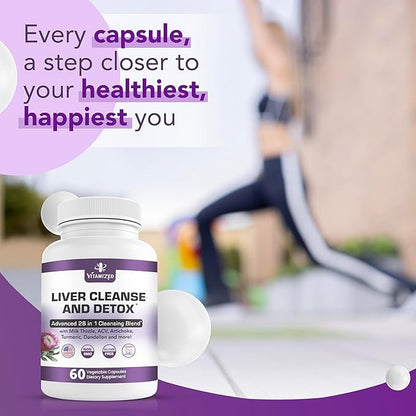 Liver Cleanse Detox & Repair Fatty Liver Supplements 28-in-1 Advanced Herbal Liver Health Supplement Formula - Milk Thistle Silymarin, Artichoke Extract, Dandelion & Apple Cider Vinegar - 60 Pills