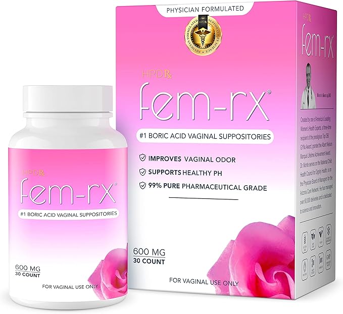 HPD Rx Fem-Rx Boric Acid Vaginal Suppositories for Women – Help Balance Vaginal pH, Eliminate Vaginal Odor – Dr Formulated Feminine Health Support – 30 Capsules Pack of 1