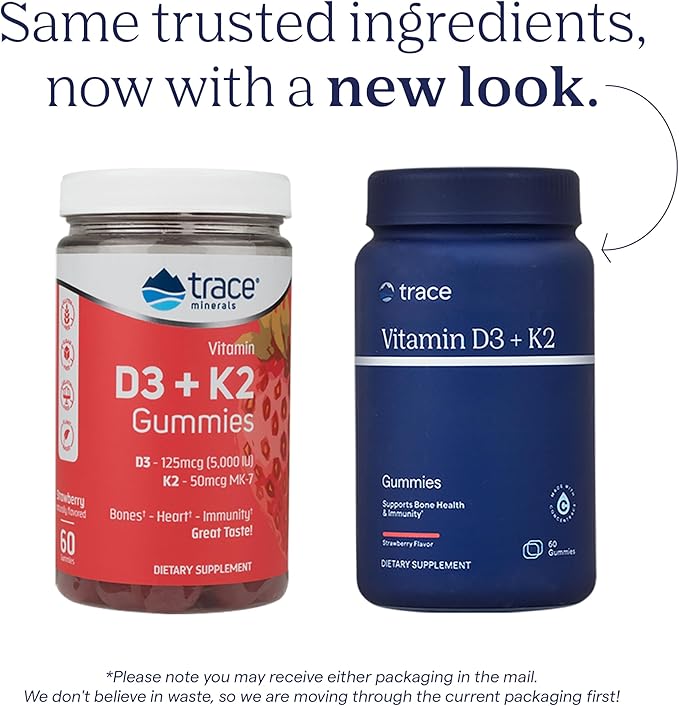 Trace Minerals Vitamin D3 + K2 Gummies - Bioavailable Vitamin Blend for Bone, Heart & Immune System Support - High-Potency - Plant-Based - Gluten-Free & Vegan - Strawberry - 60 Servings