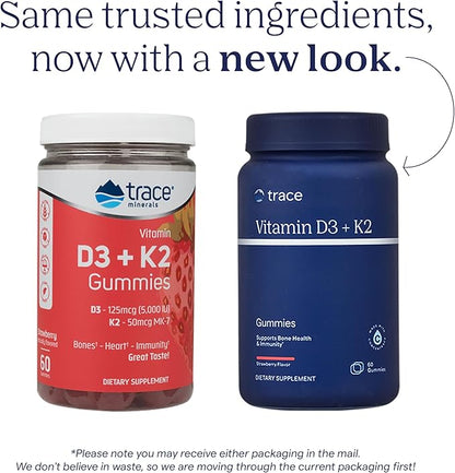 Trace Minerals Vitamin D3 + K2 Gummies - Bioavailable Vitamin Blend for Bone, Heart & Immune System Support - High-Potency - Plant-Based - Gluten-Free & Vegan - Strawberry - 60 Servings