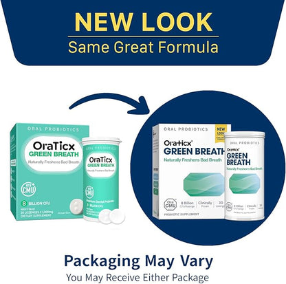 OraTicx Oral Probiotics Green Breath, Freshen Bad Breath, Dental Probiotic Supplement for Oral Health, 8 Billion CFU, Mint Flavor 30 Lozenges 2-Pack