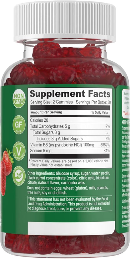 YUM-V'S Vitamin B6 Gummies - High Potency Vitamin B6 100mg - Strawberry Flavor B6 Vitamins Gummies - Nerve & Immune Function, Non GMO Kosher, 60 Count