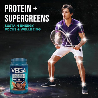 Vega Protein + Supergreens - 20g Plant-Based Protein, Chocolate, 25 Servings, Real Greens & Veggies, Vegan Keto, 0g Added Sugar, Non-GMO, Gluten Free, Dairy Free, 1.8lbs (Packaging May Vary)