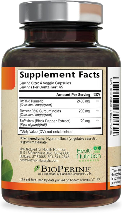 Turmeric Curcumin Supplement 2600mg - 95% Curcuminoids with Organic Turmeric & BioPerine Black Pepper for Best Absorption, Nature's Vegan Joint Support, Non-GMO Tumeric, Bottled in USA - 180 Capsules