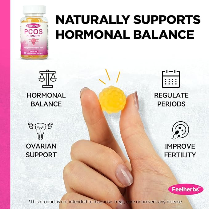 PCOS Gummies for Women Menstrual Cycle & Hormonal Balance, 60 Count Ovarian Support Gummies with Myo-Inositol, Folate and Vitamins, Orange Flavor PCOS Vitamins Gummies Helps Fertility and Ovulation