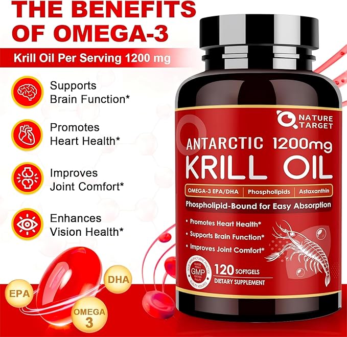 NATURE TARGET Krill Oil 1200mg with Omega-3 EPA & DHA with Astaxanthin, Phospholipids & Choline - Supports Heart, Brain, Join Health, Non-GMO, Gluten Free, 120 Softgels (60 Servings)