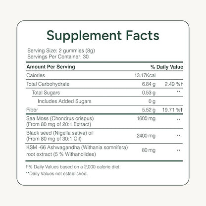 ROOT LABS Sea Moss Gummies I 92+ Minerals I Black Seed Oil I KSM 66 Ashwagandha I Lab Tested I No Added Sugar | for Men, Women I Non-GMO I 100% Natural & Organic I 1600 mg I 60 Gummy