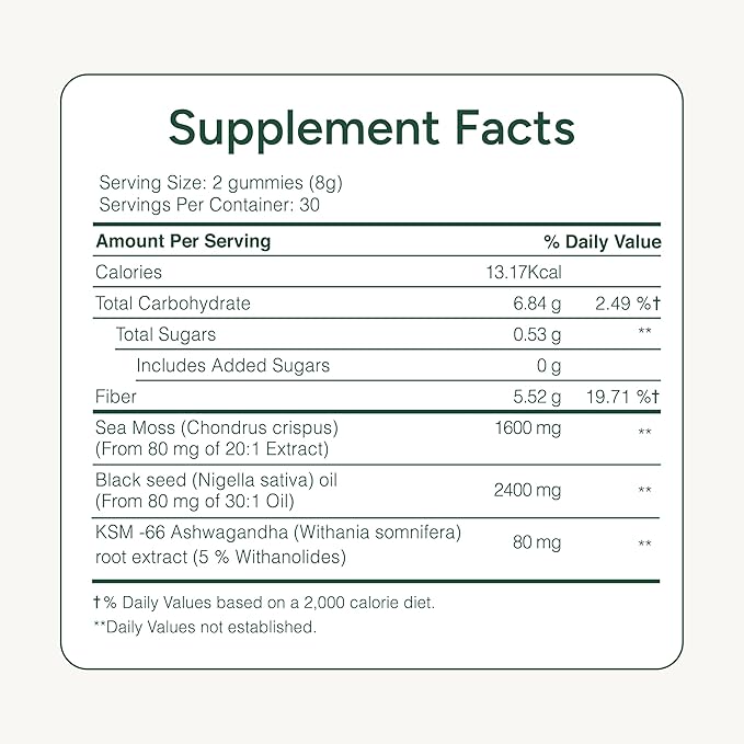 ROOT LABS Sea Moss Gummies I 92+ Minerals I Black Seed Oil I KSM 66 Ashwagandha I Lab Tested I No Added Sugar | for Men, Women I Non-GMO I 100% Natural & Organic I 1600 mg I 120 Gummy