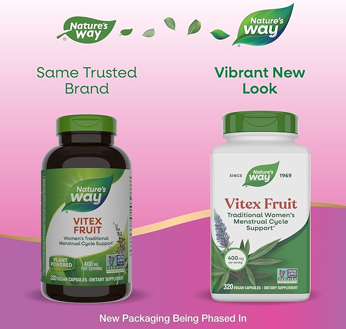 Nature's Way Vitex Fruit, Traditional Menstrual Cycle Support*, Traditional Women's Health Support*, Chasteberry Supplement for Women, Vegan, 320 Capsules (Packaging May Vary)