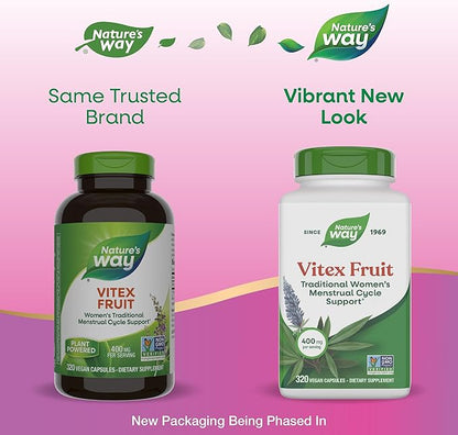 Nature's Way Vitex Fruit, Traditional Menstrual Cycle Support*, Traditional Women's Health Support*, Chasteberry Supplement for Women, Vegan, 320 Capsules (Packaging May Vary)