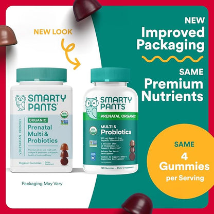 SmartyPants Organic Prenatal Vitamins for Women, Multivitamin Gummies: Probiotics, Biotin, Methylfolate, Omega 3 (ALA), Vitamin D3, C, Vitamin B12, B6, A, K2 & Zinc, Choline, 120 Count (30 Day Supply)