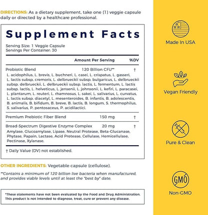 NewRhythm Probiotics 120 Billion CFU 36 Strains, 3-in-1 Probiotics with Prebiotics & Enzymes, Probioticos for Women & Men, Vegan Targeted Release Supplement, 30ct