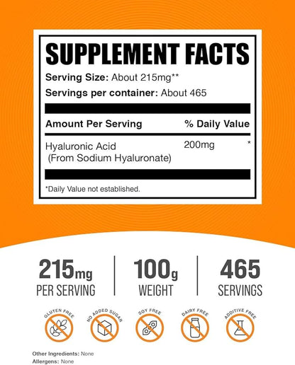 BulkSupplements.com Hyaluronic Acid Powder - as Sodium Hyaluronate, Hyaluronic Acid Supplements - Food Grade, Gluten Free - 215mg per Serving, 100g (3.5 oz) (Pack of 1)