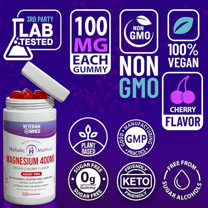 Magnesium Citrate Gummies for Kids & Adults - Sugar-Free, Vegan and Non-GMO for Better Sleep and Relaxation - Cherry Flavor with No Sugar Alcohol - 120 Count