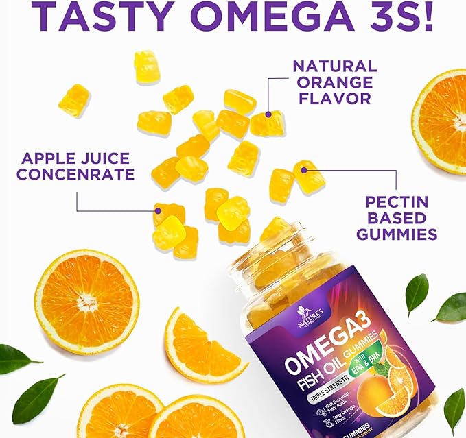 Omega 3 Fish Oil Gummies - 3X Strength Heart Health Support, High Absorption Omega 3 Fish Oil Gummy Supplement with DHA & EPA, Joint & Brain Support for Adults, Delicious Orange Flavor- 60 Gummies