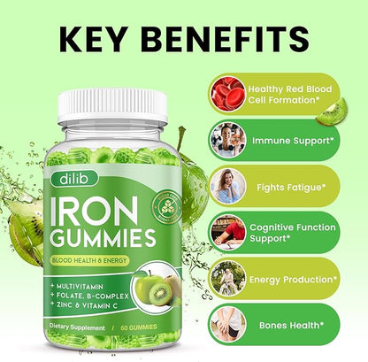 Iron Gummies with Multivitamin, Iron Supplement for Women & Men with Zinc, Vitamin B Complex & C, B12, Folate - Blood Builder & Energy Support for Adults & Kids - Green Apple & Kiwi Filled Gummies