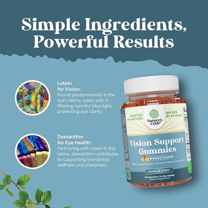 Vision Support Gummies for Adults - Lutein and Zeaxanthin Supplements for Eye Health - Potent Lutein Eye Vitamins for Blue Light Protection Dryness Strain Support & Visual Sharpness - 30 Count