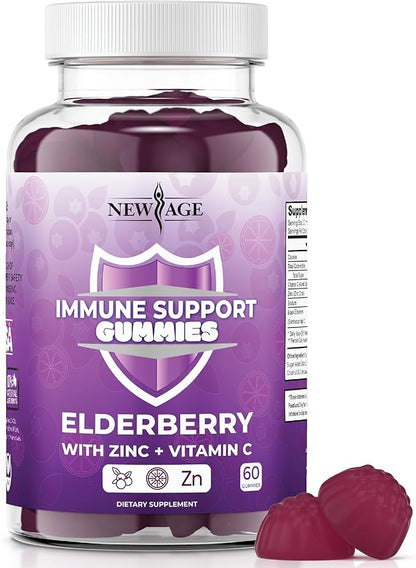 NEW AGE Immune System Support Gummies - Sambucus Black Elderberry Gummies with Vitamin C and Zinc (60 Count (Pack of 1))