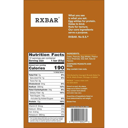 RXBAR Protein Bars, 12g Protein, Gluten Free Snacks, Snack Bars, Peanut Butter, 22oz Box (12 Count)