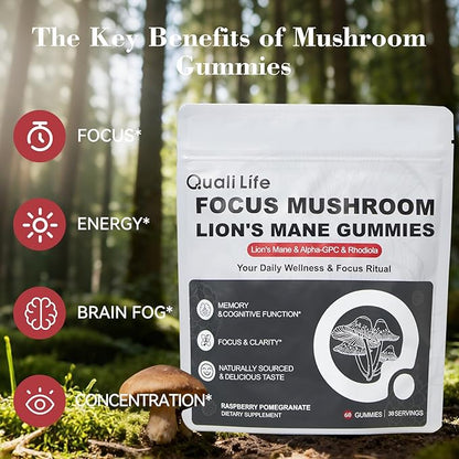 Mushroom Gummies with Lion’s Mane - Alpha Brain Gummy for Focus & Memory - Nootropic Focus Gummies with Rhodiola & Alpha-GPC – Vegan Brain Supplement, Raspberry Pomegranate Flavor, 60 Count (1)