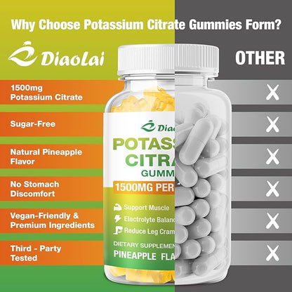 Potassium Citrate 1500mg Gummies - Potassium Supplement for Women & Men, Supports Leg Cramp Relief & Muscle Health, Vegan, Pineapple Flavor (120 Count)