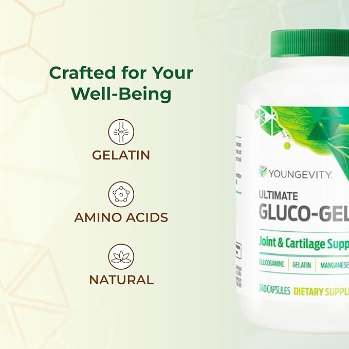 Youngevity Ultimate Gluco-Gel -for Tendons, Bones & Cartilage | Contains Glucosamine, Gelatin & Manganese | 240 Capsules | 2 Bottles