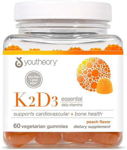 Youtheory K2D3 - Bone & Heart Health Support* - Combines Vitamin D3 & Vitamin K2 - Dairy, Soy & Gluten Free - Peach, 60 Vegetarian Gummies
