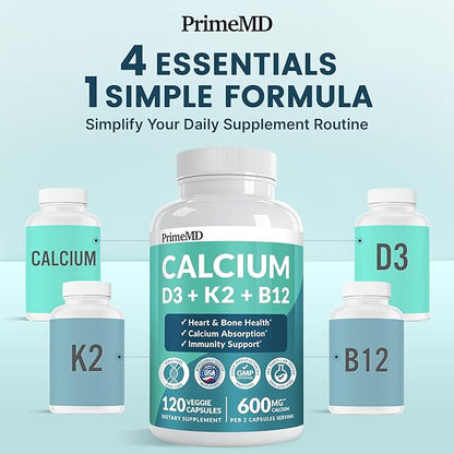 4-in-1 Calcium Supplements for Women and Men - Calcium with Vitamin D3 K2 5000 IU Supplement, 600mg per Serving - Gluten-Free, Vegan-Friendly (120 ct)