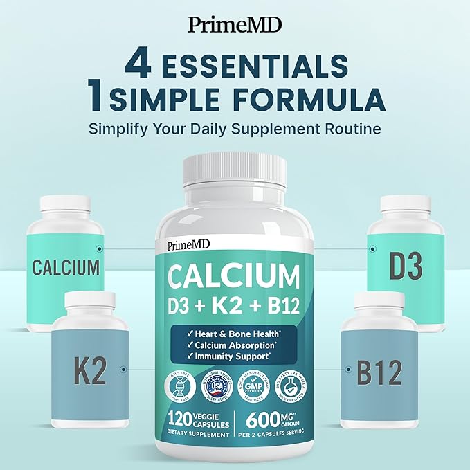 4-in-1 Calcium Supplements for Women and Men - Calcium with Vitamin D3 K2 5000 IU Supplement, 601mg per Serving for Heart, Bones & Body Defenses - Gluten-Free, Vegan-Friendly (480 ct)