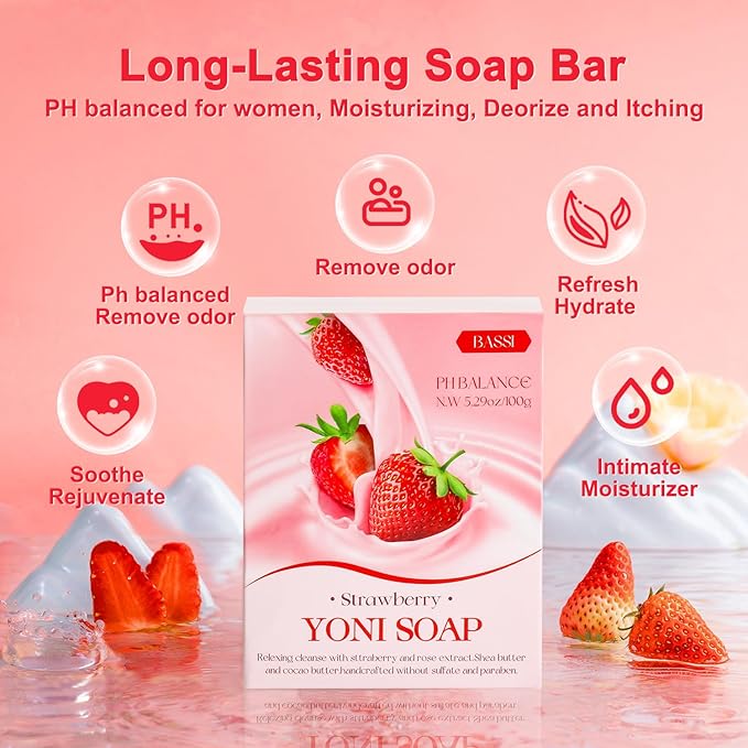 Feminine Wash & Yoni Oil & Yoni Soap Set for Women, Yoni Wash for Ph Balance Remove Odor Moisturizing, 1 Fl.Oz Essential Oil & 5.07 Fl.Oz Strawberry Body Wash 5.29 Oz Yoni Soap Bar
