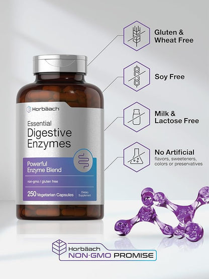 Horbäach Essential Digestive Enzymes | 250 Capsules | Powerful Enzyme Blend for Men & Women | Non-GMO & Gluten Free Supplement