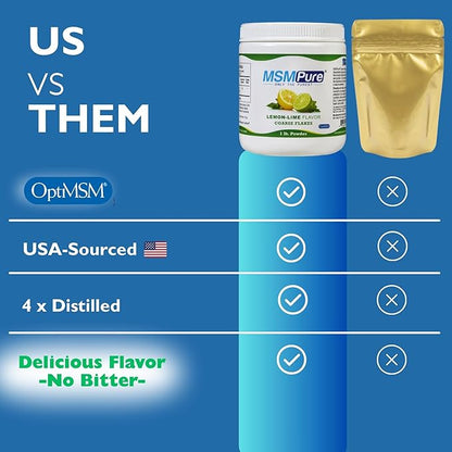 KALA HEALTH MSMPure Lemon Lime Flavored Coarse MSM Powder Flakes – US-Made MSM for Joint Health, Skin Appearance, and Hair & Nail Support – 1 lb, Organic Sulfur