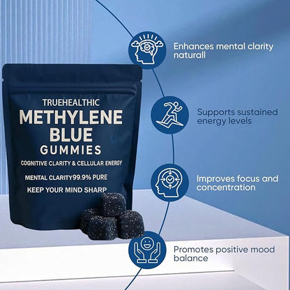 Methylene Blue Gummies, 5mg of Methylene Blue Per Gummy for Sustained Energy, Mental Clarity, Lifted Mood, Sharper Focus, 99.9% Pure, 30 Gummies Per Bag (1)