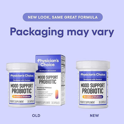 Physician's CHOICE Mood Support Probiotic - Supports a Balanced Mood, Healthy Stress Response & Digestive Health with Prebiotics, Ashwagandha, Vitamin B12, Folate - for Men & Women - 30ct