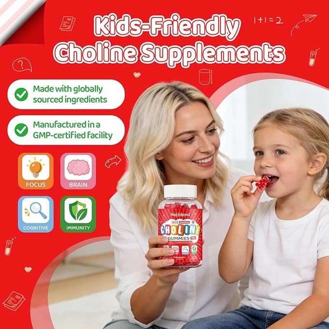 Choline Gummies for Kids & Adults, Choline Supplements 500mg with DHA, Phosphatidylserine for Brain Health, Focus, Immune Support, Sugar-Free, Vegan, Strawberry Flavor, 60 Gummies