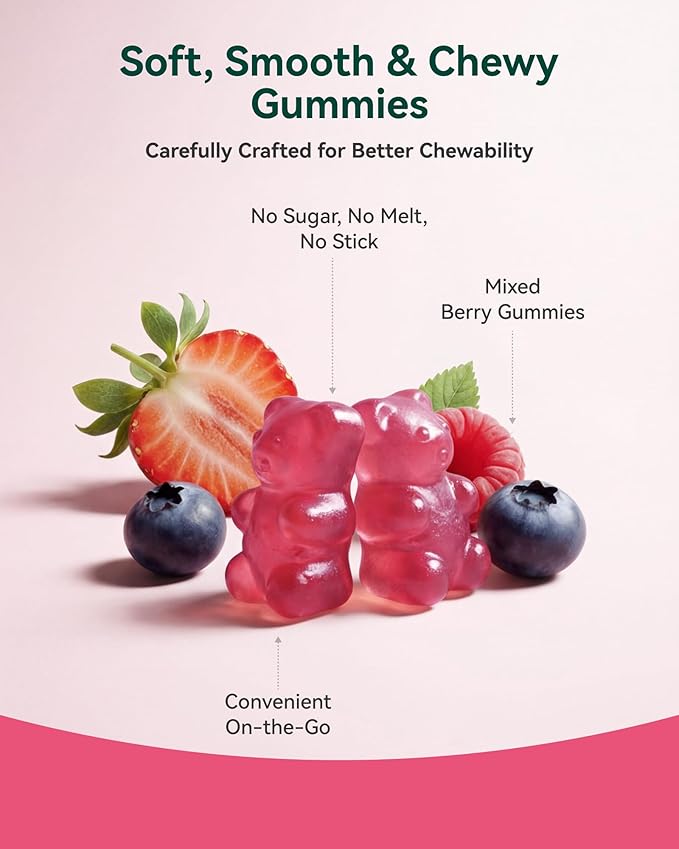Magnesium Glycinate Plus Gummies 860mg, Sugar-Free, Non-GMO, Gluten-Free, Magnesium Gummies for Adults & Kids, Sleep, Relaxation & Focus, Magnesium Supplement for Women, Mixed Berry Flavor, 60 Count
