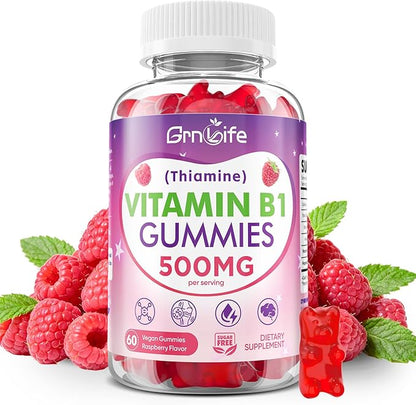 Vitamin B1 Gummies 500mg for Adults & Kids – High Potency Thiamine B1 Supplement for Energy & Nervous System Support, Sugar-Free, Raspberry Flavor, 60 Count