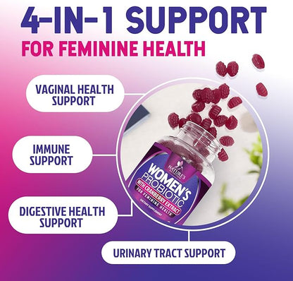 Nature's Nutrition Probiotics for Women Gummies with Cranberry - 6 Premium Strains for PH Balance, Digestive Health, Vaginal & Immune Support, Women's Probiotic Gummy for Feminine Health - 120 Gummies