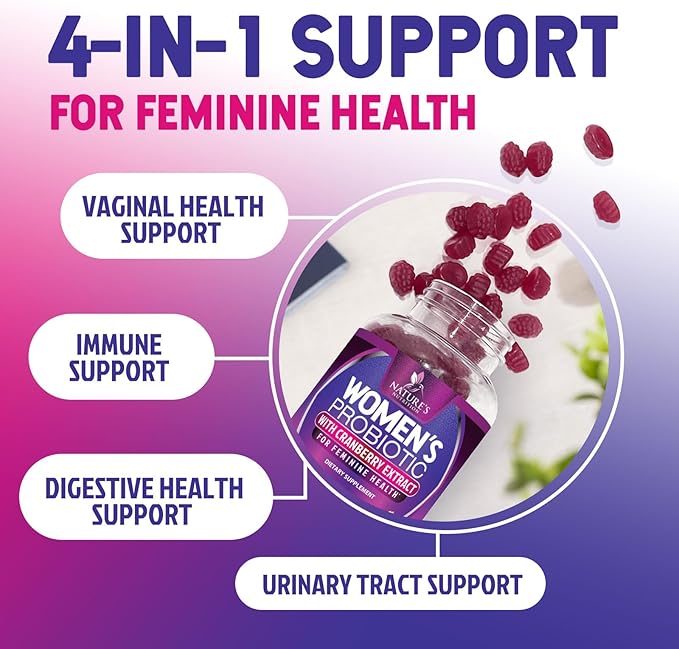 Nature's Nutrition Probiotics for Women Gummies with Cranberry - 6 Premium Strains for PH Balance, Digestive Health, Vaginal & Immune Support, Women's Probiotic Gummy for Feminine Health - 60 Gummies